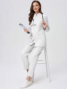 Scrubzie Bộ đồng phục y tế nữ 2 món: áo khoác dài tay chống nhăn và quần dài. - trắng - Xem 5