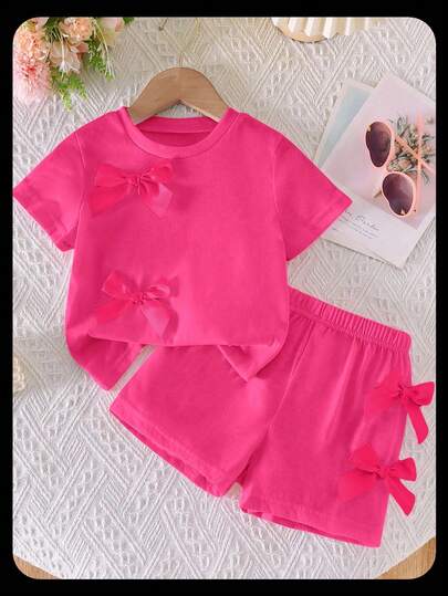 Sweetra Young 2pcs/Set Girls Casual Sweet Daily Round Neck Puff Sleeve Short T-Shirt With Bow Decor & Elastic Waist Shorts, Rose Red