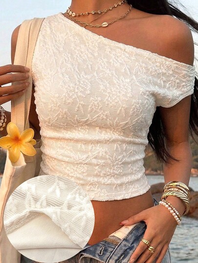 SHEIN Teen Girl Apricot Knit Jacquard Fitted Asymmetric Ruched Cropped Top, Suitable For Spring/Summer, Casual, Elegant, Daily Wear White Lace Tube Top White Lace Top Lace Top Cropped Lace Top Summer Top