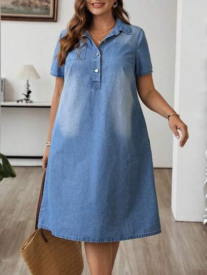 SHEIN CURVE+ Plus Size Women Button Half Placket Short Sleeve Casual Loose Denim Dress Summer Carnival Costume Commuting Vacation Graduation Chic Y2k Cute Streetwear Party Wedding Elegant Business Casual Woman Business Beach Graduation Easter Women's Plus Size A-Line Denim Dress Casual Button Front Short Sleeve Collared Midi Stylish Plus Size Denim Dress For Women Casual Short Sleeve Button Up Collared Design