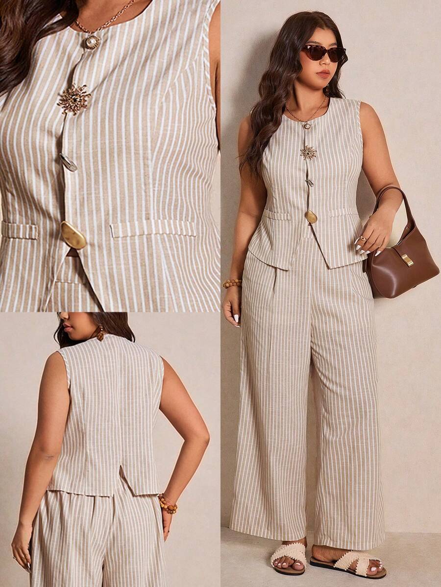 Elaquor Plus Size Summer Casual Striped Vest And Pants 2 Pieces Set, Summer Outfits - Apricot - View 1