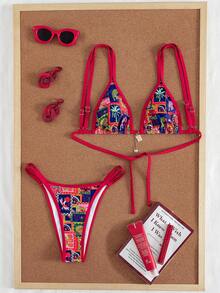 Swim Vcay 2pcs/Set New Random Print & Solid Color Adjustable Strap Sexy Elegant Bikini Swimwear Set, Suitable For Beach, Pool Party, Summer Vacation - Multicolor - View 1