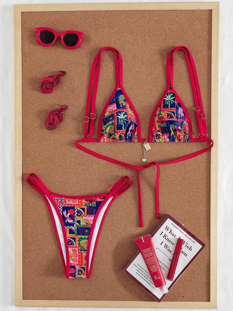 Swim Vcay 2pcs/Set New Random Print & Solid Color Adjustable Strap Sexy Elegant Bikini Swimwear Set, Suitable For Beach, Pool Party, Summer Vacation - Multicolor - View 1