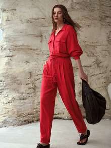 MOTF PREMIUM WOMEN'S LINEN FLOWY TASSEL WAIST TIE LOOSE JUMPSUIT, SPRING/SUMMER - Red - View 6