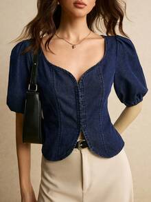 Áo sơ mi denim nữ kiểu dáng thường ngày, thích hợp cho mùa hè. - Rửa tối - Xem 5