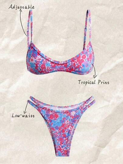 Elavelle 2pcs/Set Women's Random Print Spaghetti Strap Sexy Bikini Set, Summer