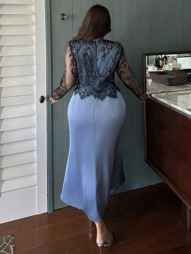 Contrast Lace Elegant Waist Cinching Maxi Mermaid Hem Party Dress, Spring/Summer Sundress