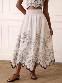 Lilora Women's Elegant Palm Tree Embroidered A-Line Skirt - White - View 5