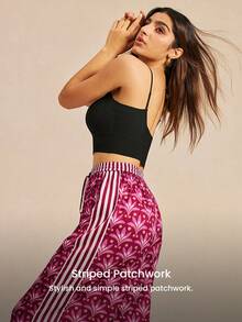 LUVLETTE Versatile Daily Burgundy Floral Wide-Leg Pants - Stripe-Accented Lounge Trousers Multi-Wear Home & Casual Wear Curve Lingerie Culotte Pyjama - Pink - View 8