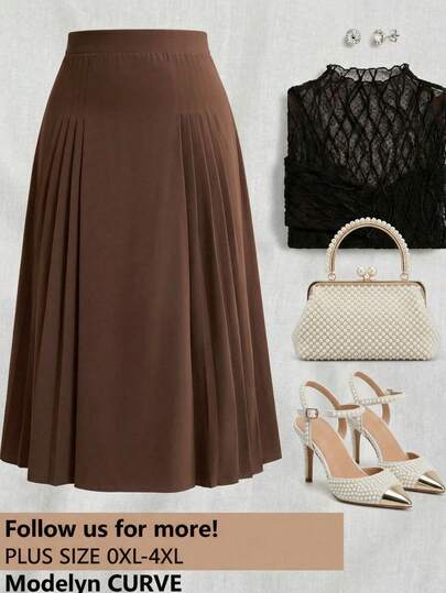 Modelyn Plus Size Women Solid Color High Waist Elegant Pleated A-Line Skirt Skirt Set Trending Outfit