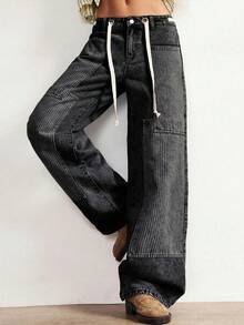 Bohemela Quần nữ dáng suông rộng, cạp thấp, chất liệu denim dệt chắp vá, kiểu dáng thường ngày, phối nhiều mảnh vải, đã qua xử lý giặt. - Xám - Xem 10