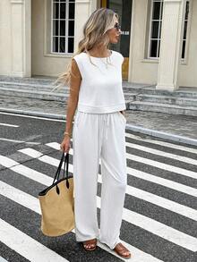 Serisse Bộ đồ thể thao nữ đi nghỉ mát, màu trơn gồm áo tank top và quần dài (2 món) - trắng - Xem 5