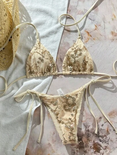  Swim Mod 2-Piece Swimsuit, Solid Color Sequin Textured Halter Bra Top And Side Tie Bottoms Sexy Bikini Set, Spring/Summer Beach Vacation