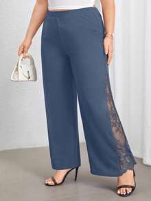 Enliva Plus Size High Waist Wide Leg Pants With Lace Panel And Side Slit, Elegant For Commute And Daily Wear, Spring/Summer, For Apple And Rounded Body Shape - Dusty Blue - View 3