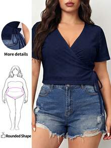 Enliva Plus Size V-Neck Short Sleeve Casual Tie Side T-Shirt, For Apple And Rounded Body Shape - Navy Blue - View 2