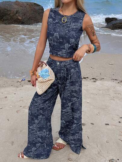 DAZY Bộ đồ denim mùa hè thoải mái dành cho nữ, gồm áo croptop không tay in hoa và quần ống rộng.