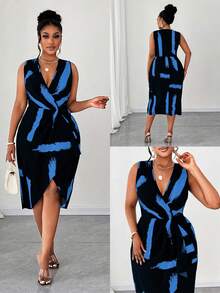 Maweii Modisches ärmelloses Kleid mit V-Ausschnitt und Muster in Große Größen - Blau - Übersicht 1