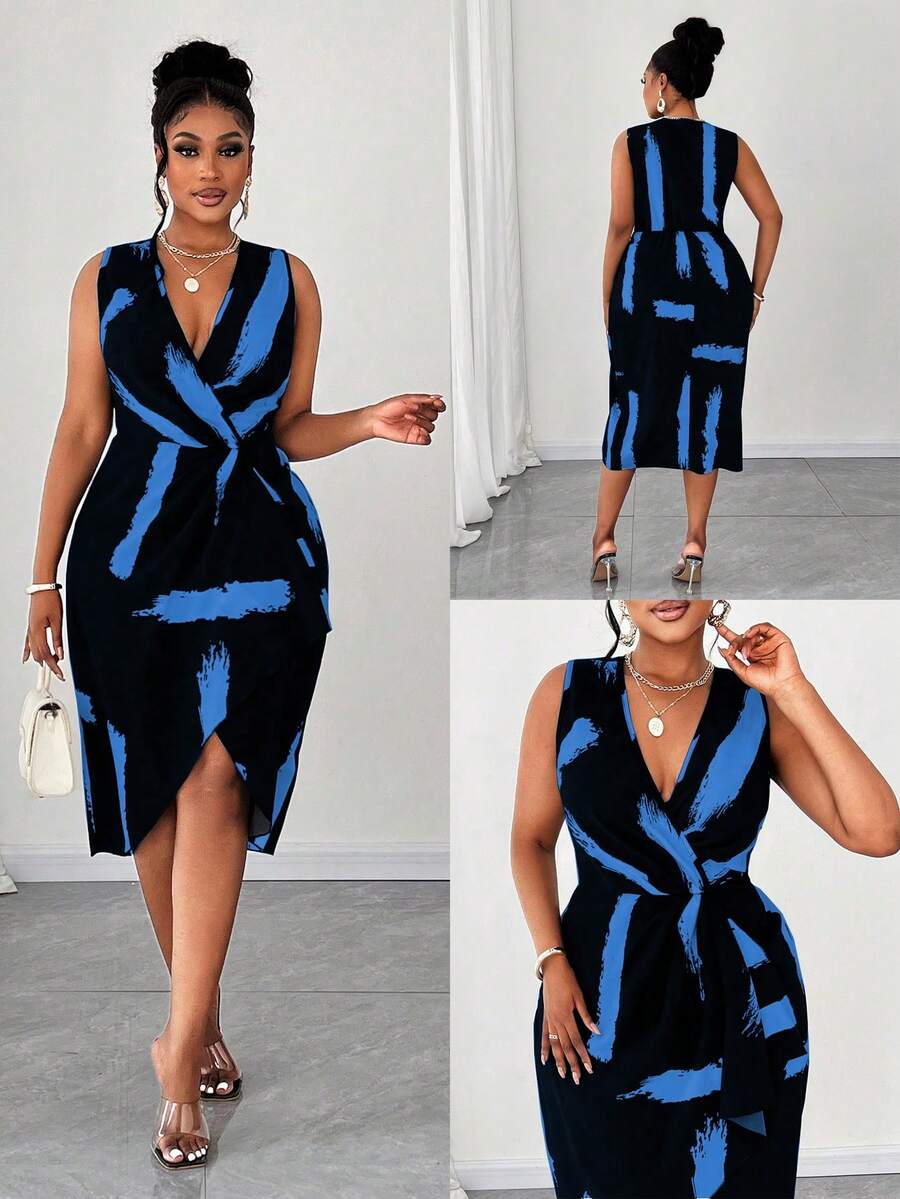 Maweii Modisches ärmelloses Kleid mit V-Ausschnitt und Muster in Große Größen - Blau - Übersicht 1