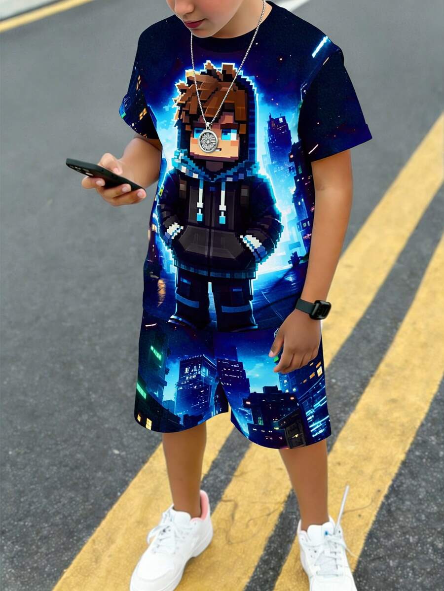Tween Boy Black Summer Casual City Break Shorts Set,Creative Square Figure Print Refreshing Minimalist Hoodie & Comfortable Shorts For Daily Wear - Multicolor - View 1