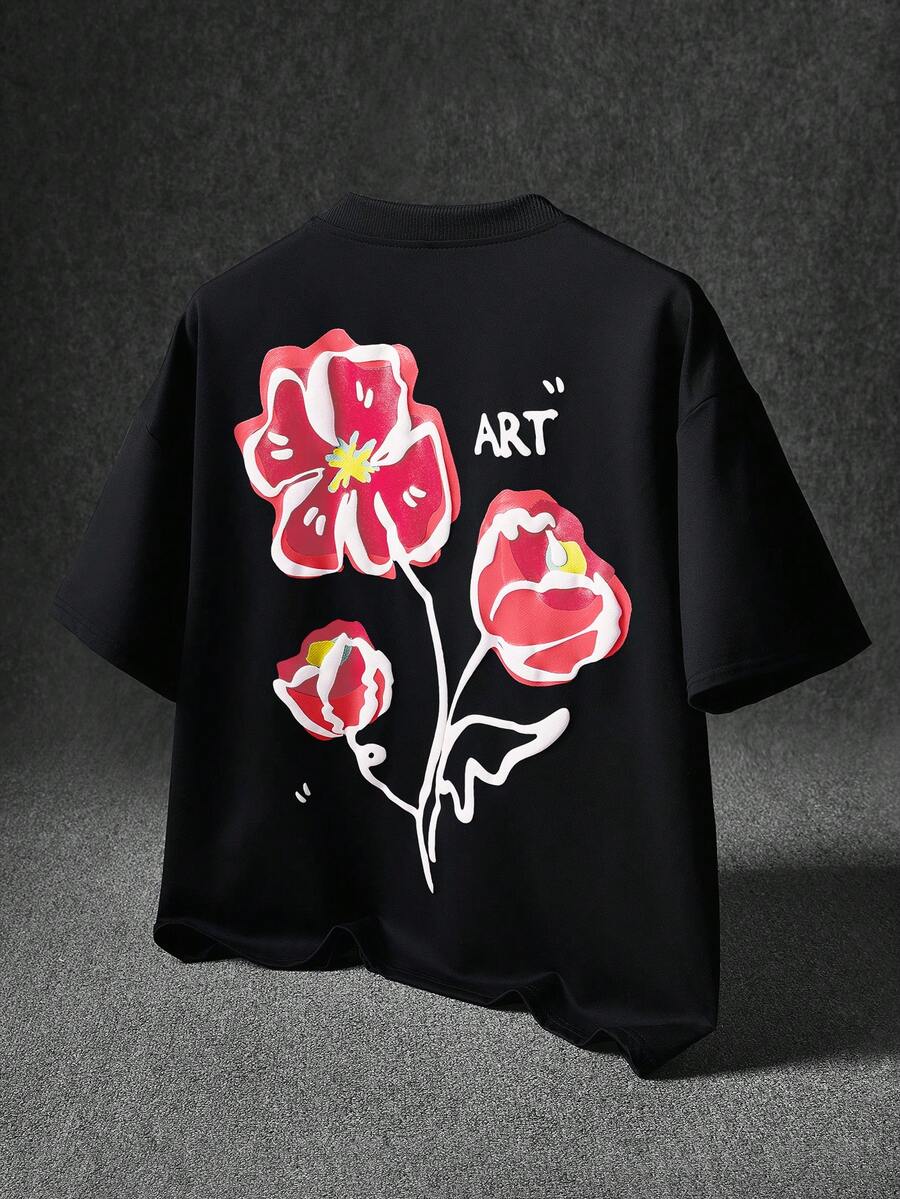 Manfinity EMRG 男士街頭風黑紅花卉壓紋印花短袖T恤,夏季城市度假街頭風上衣,適合戶外、音樂節、日常穿著 - 黑色 - 查看 1