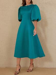 Aveloria Rosie Đầm midi xòe sang trọng, thanh lịch dành cho nữ, chất liệu satin, tay bồng, cổ tròn, phối đá lấp lánh, eo dây xích, thích hợp cho các buổi hẹn hò. - Màu xanh Cadet - Xem 5