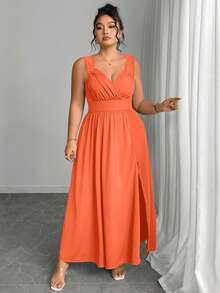 Elenzga Đầm ôm sát cỡ lớn cổ chữ V phối ren tương phản, dây mảnh, viền bèo nhún, xẻ tà. - trái cam - Xem 7