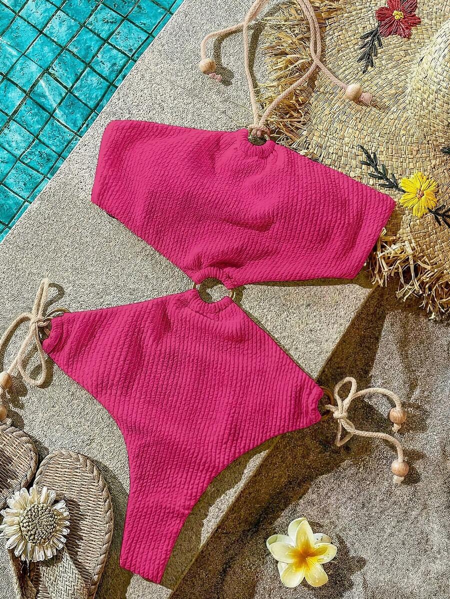 Vivid Eden 1 pieza Traje de baño de una sola pieza con escote halter y diseño calado de unicolor para mujer, ropa de vacaciones para vacaciones de verano en la playa - Rosa - Ver 1