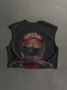 StoneGrade F1赛车手头盔印花休闲短款宽松背心，时尚街头风男士服饰，适合约会、派对，情侣礼物送给男友 - 黑色 - 查看 1