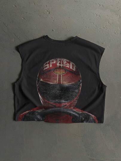 StoneGrade F1赛车手头盔印花休闲短款宽松背心，时尚街头风男士服饰，适合约会、派对，情侣礼物送给男友