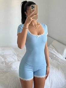 SHEIN EZwear 浅蓝色蕾丝边针织修身连体衣（女款） - 淺藍色 - 查看 2