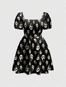 ROMWE Goth Vestido de manga abullonada con estampado total de talla grande - Negro - Ver 1