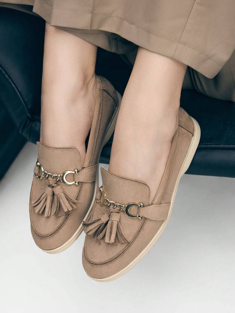 Mnmlis Women's Metal Decor Tassel Design Casual Versatile Fashion Flat Shoes - Dark Grey - View 1