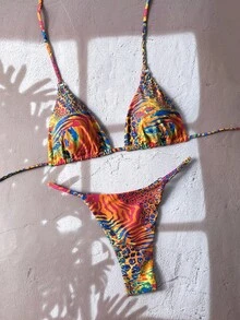 Swim Vcay 2026 女士夏季沙滩斑马纹吊带系带性感比基尼泳衣套装 - 彩色 - 查看 3