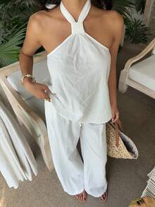 SHEIN EZwear 白色梭织女士休闲背心和裤子套装 - 白色 - 查看 4