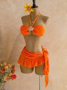 Soleia Women's Solid Color Jacquard Bikini Set, Suitable For Beach Vacation Summer Bathing Suit - Orange - View 4