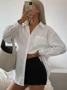 DAZY Patched Pocket Drop Shoulder Shirt,Long Sleeve Tops,Fall Clothes - White - View 4