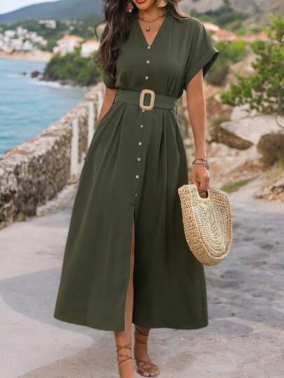 SHEIN LUNE 女士V领纽扣细节开衩连衣裙长款女装