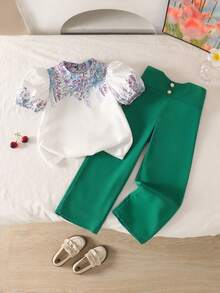 SHEIN 2pcs/Set Young Girls Floral Print Puff Sleeve Shirt And Wide Leg Pants - Green - View 7