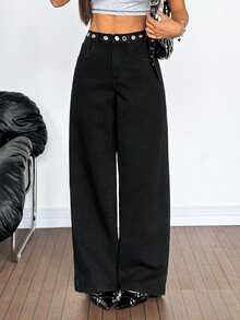 SHEIN PETITE 女士牛仔裤 BlingBling 钻石装饰低腰阔腿裤 Y2K 音乐节 - 黑色 - 查看 2