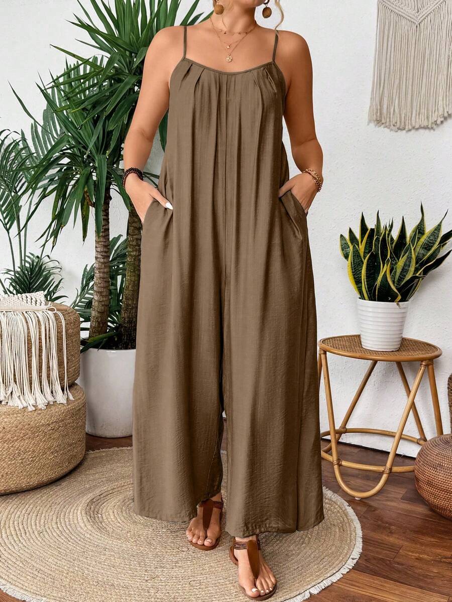 SHEIN Clasi Plus Size Solid Color Minimalist Casual Camisole & Straight Leg Pants Fall - Khaki - View 1