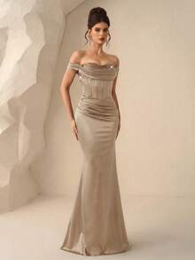 Coutiva Women's Formal Evening Gown With Sequin Decor - Champagne - View 4