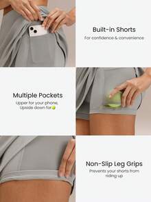 GLOWMODE 球场自信收腹侧开衩下摆内置短裤防滑A字迷你网球裙网球高尔夫匹克球日常休闲装 - 灰色 - 查看 4