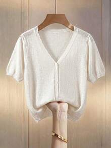 Franclia Casual White Short Length V-Neck Cardigan With Puff Sleeves Rib-Knit Semi-Sheer Design Cropped Cardigan Short Sleeve - White - View 3