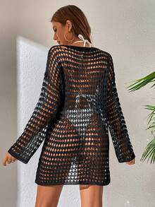 SHEIN Swim Vacation Beach Solid Color Hollow Out Knit Sheer Cover Up - Black - View 2