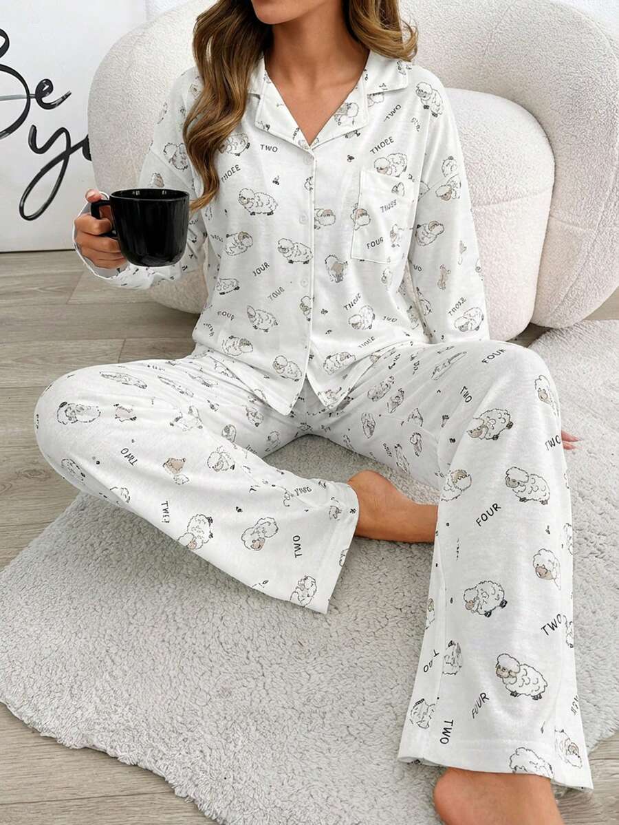 Cartoon Graphic Contrast Piping PJ Set - Multicolor - View 1