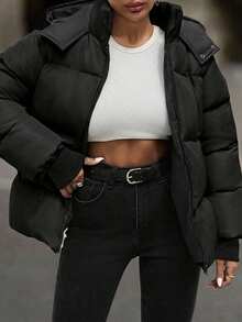 EURMUSE Hooded Zipper Detailed Contrast Rib Cuff Quilted Women's Casual Puffer Down Jacket - Black - View 3