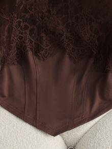 Franclia Summer New Solid Color Sexy Lace Patchwork Strapless Sleeveless Top, Front Fishbone Line Split, Halter Long Ribbon, Women Beach Outfit, Suitable For Party, Holiday Events, Date - Brown - View 3