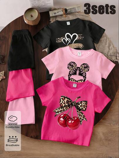 6件套春夏女童休闲时尚创意个性清新简约樱桃、豹纹、蝴蝶结、太阳镜、爱心图案印花短袖T恤和短裤套装，舒适日常穿着，适合春夏女童穿着