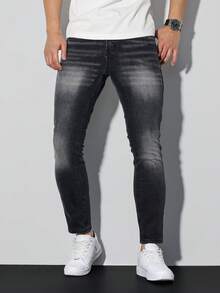 Manfinity LEGND 街头风水洗黑色修身破洞弹力牛仔裤，春夏休闲风 - 黑色 - 查看 1