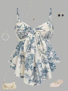 GlowEve 女士纹理印花收腰吊带背心，优雅百搭，适合度假、通勤和日常穿着 - 水鴨藍 - 查看 3